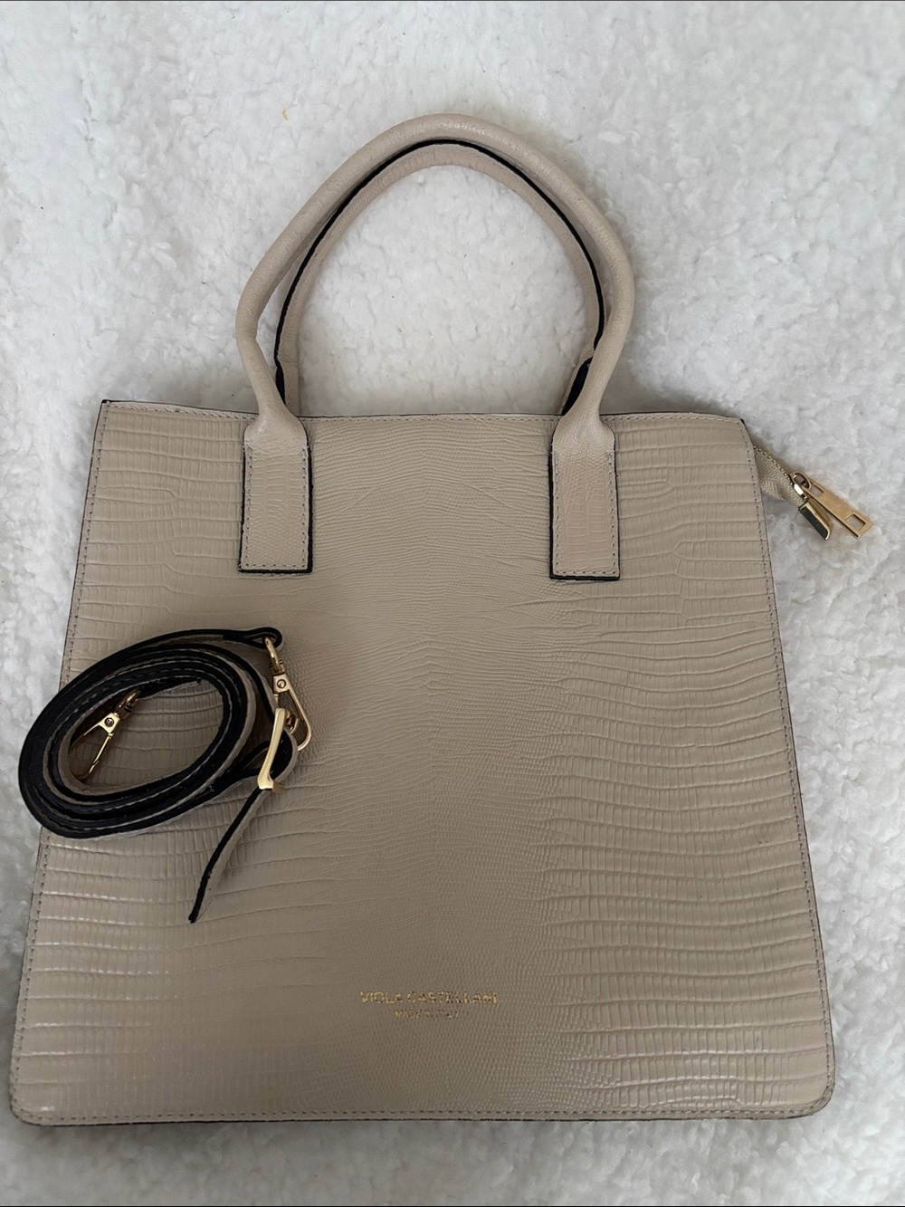 Beige Croc-Embossed Structured Tote Bag with Crossbody Strap